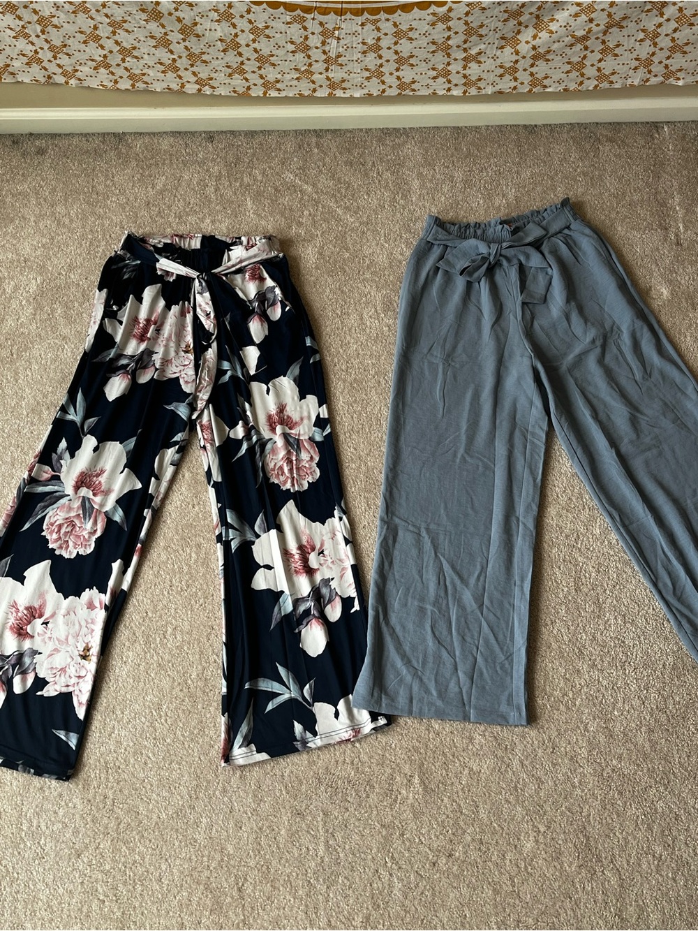 Wide Leg Tie Waist Pants - Navy Floral & Slate Gray